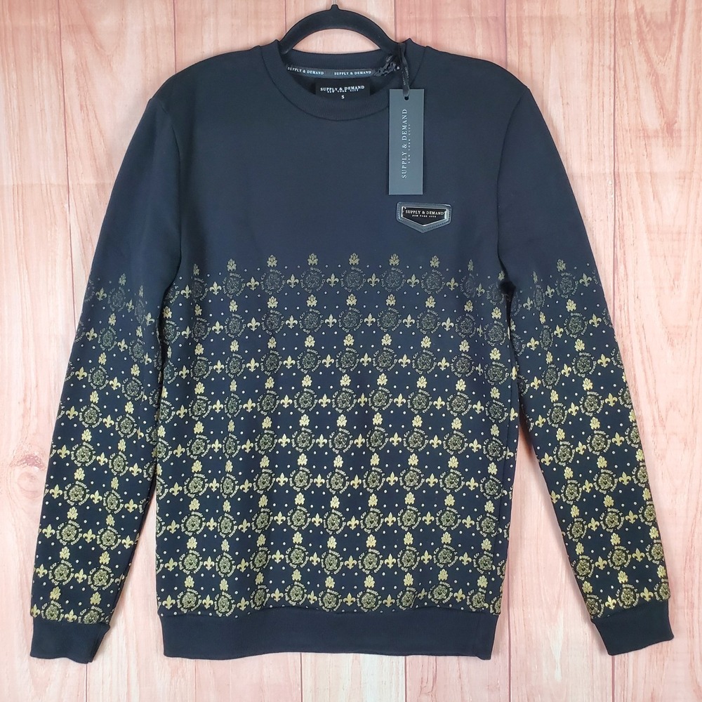 Supply & Demand Royalty Monogram Crew Sweatshirt Mens Small Black Fleece Lined‎